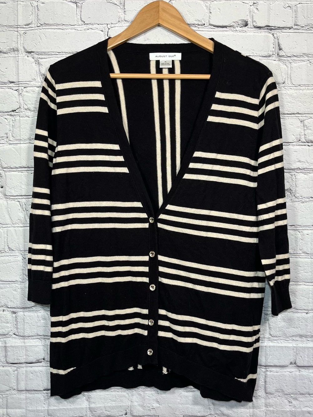 August Silk Cardigan V Neck Sweater Womens XL Black Stripe Button Front
